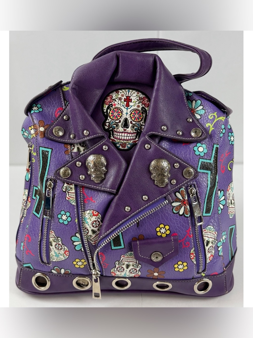 Cowgirl Trendy Sugar Skull Floral Biker Style Backpack Purse Day of the Dead